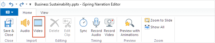 Add video to presentation in iSpring Narration Editor