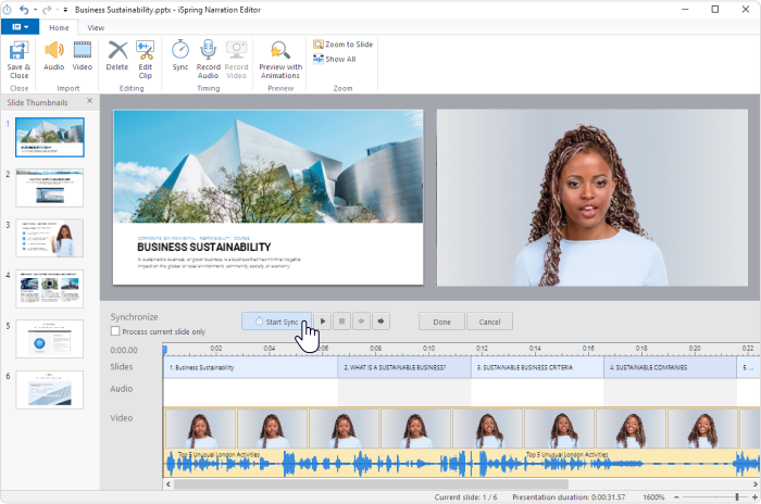 Sync video narration to PowerPoint slides