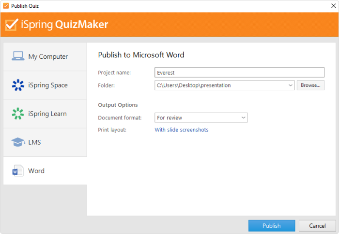 Configureren van quiz ontwerp in iSpring QuizMaker