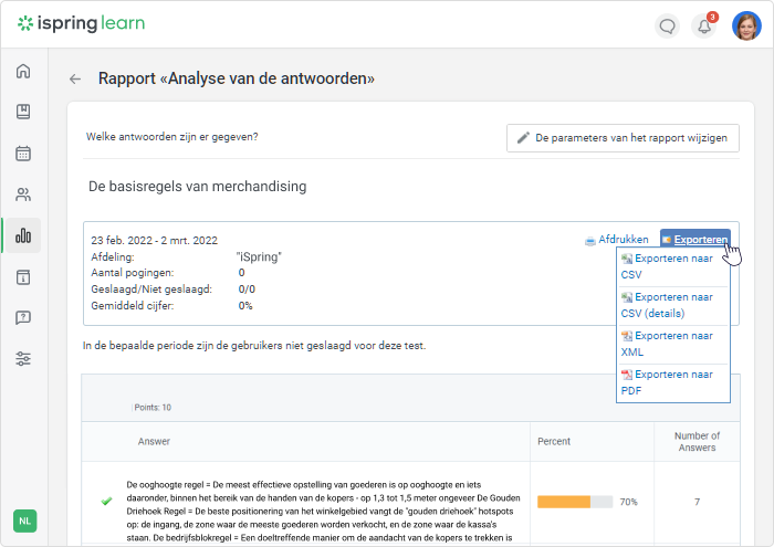 De analyse van de antwoorden in iSpring Learn