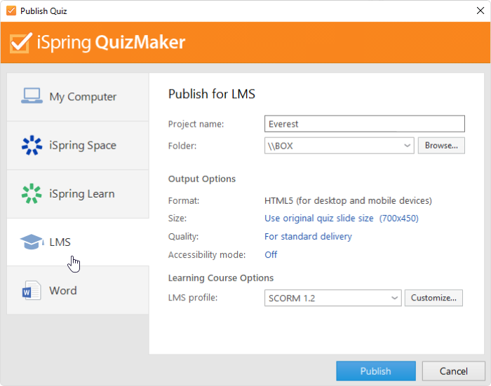 Een quiz publiceren Een quiz publiceren in iSpring Suite