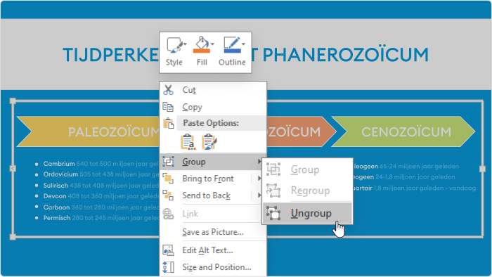 Group > Ungroup rechtermuisklik menu in PowerPoint 2013 voor een samengestelde vorm