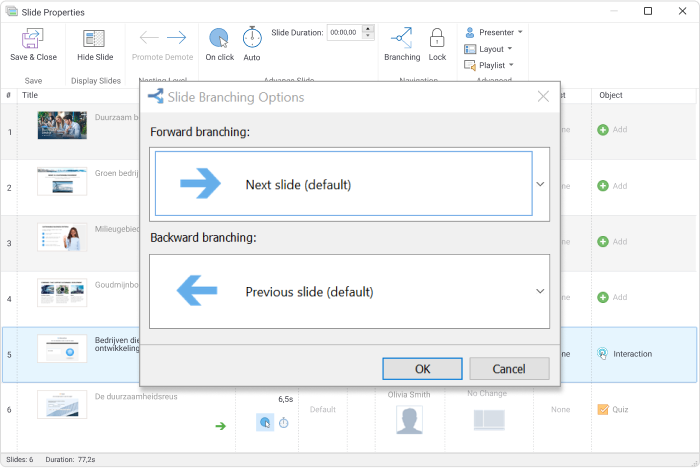 Slide branching opties in iSpring Suite