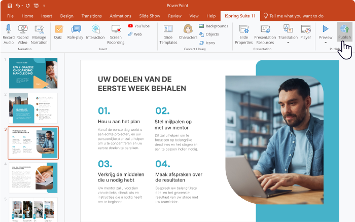 Publicatieknop in iSpring ribbon xAPI cursus in iSpring Suite