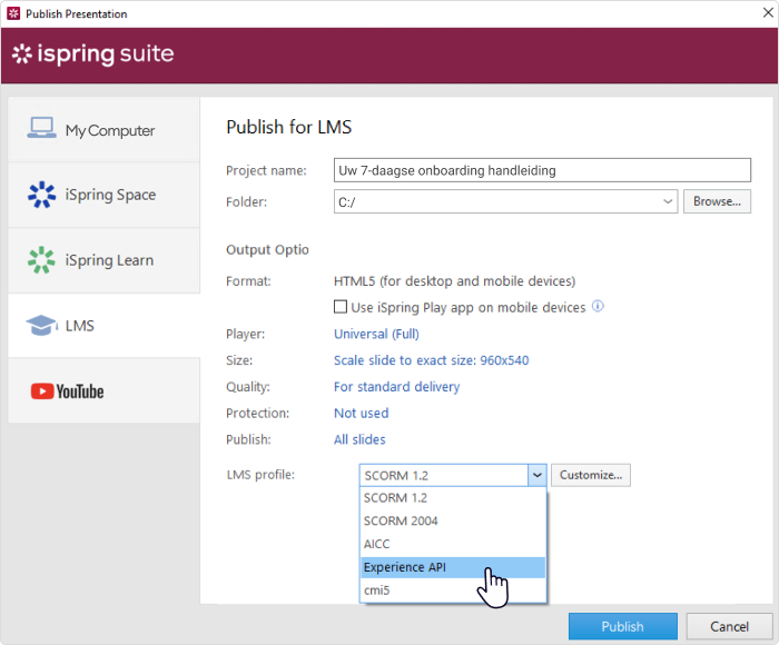 LMS profiel menu in iSpring Suite