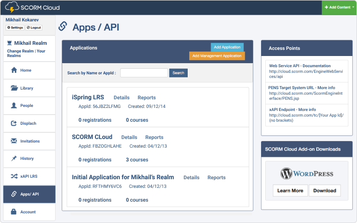 API om toe te voegen aan uw LRS app SCORM Cloud Apps