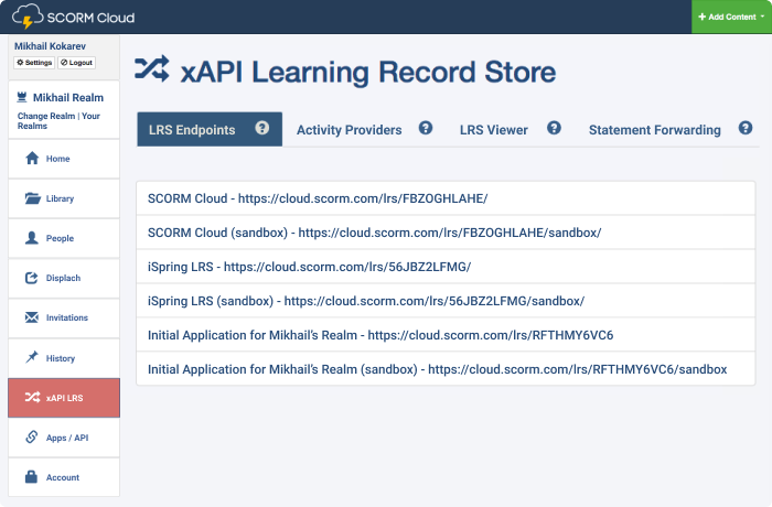 SCORM Cloud xAPI LRS lijst met eindpunten SCORM Cloud xAPI LRS