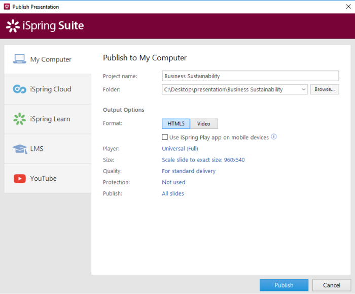 Een presentatie publiceren PowerPoint beveiligen in iSpring Suite