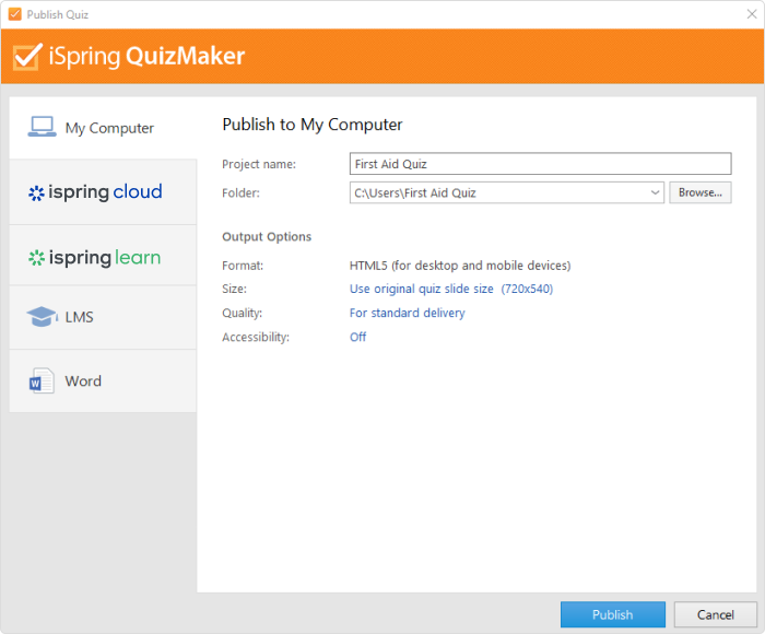 Configureren van quiz ontwerp in iSpring QuizMaker