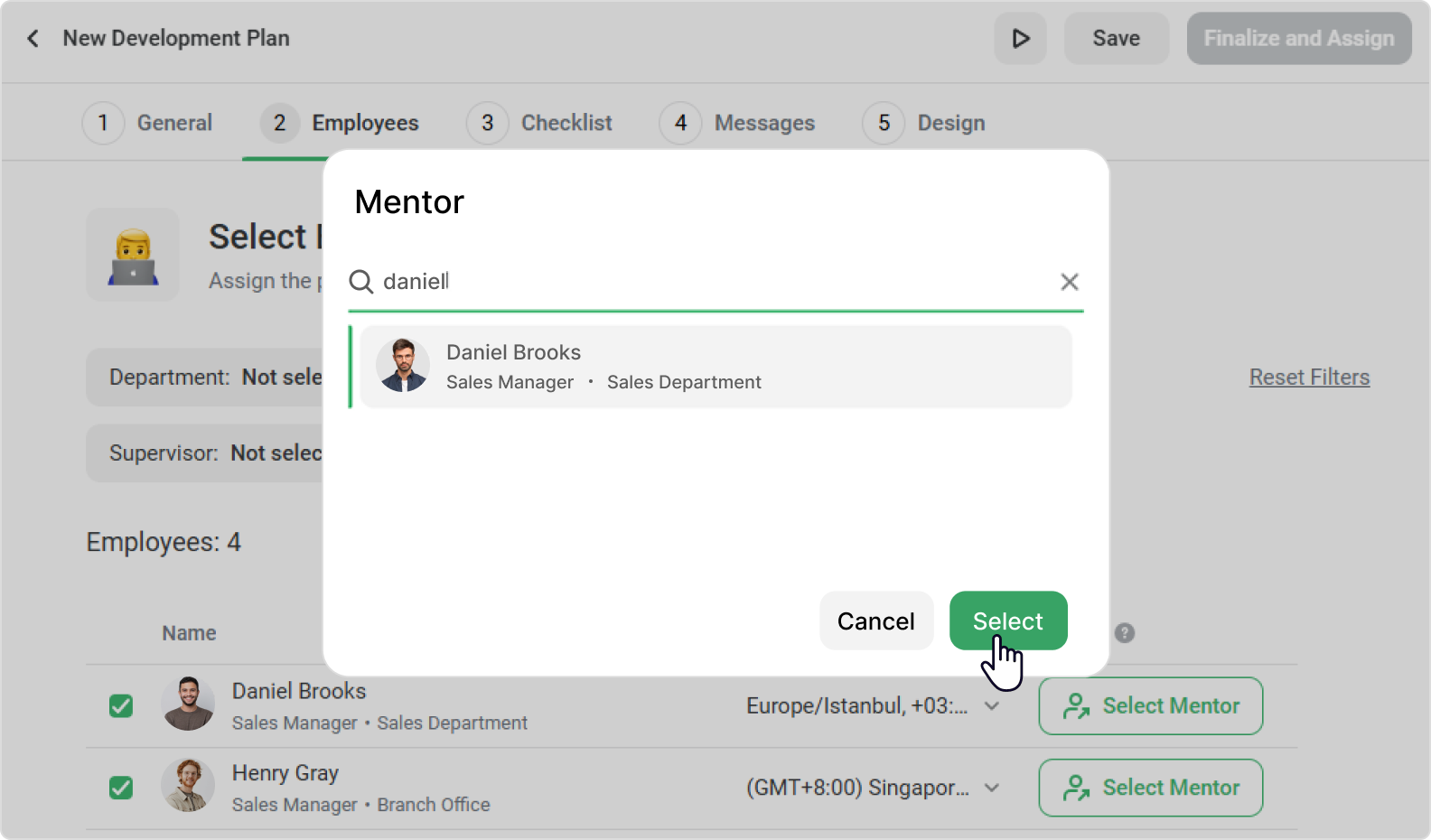 Een mentor zoeken op naam of functietitel Een mentor toewijzen aan de medewerker