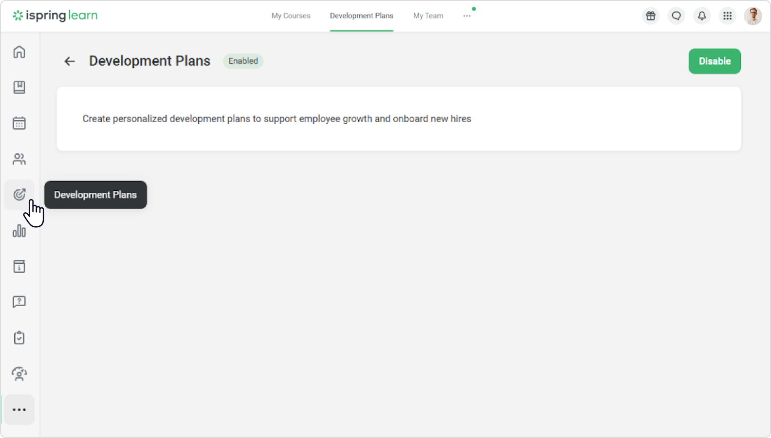 De module Ontwikkelplannen verschijnt in iSpring Learn Business De module Ontwikkelplannen verschijnt in de zijbalk