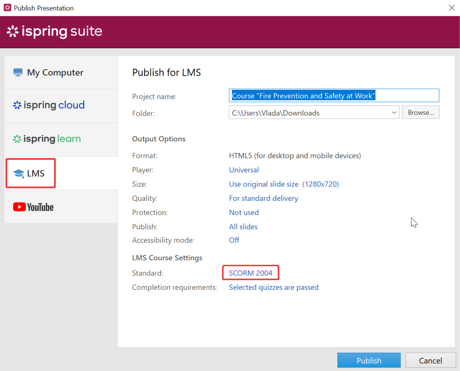 Presentatie publiceren venster