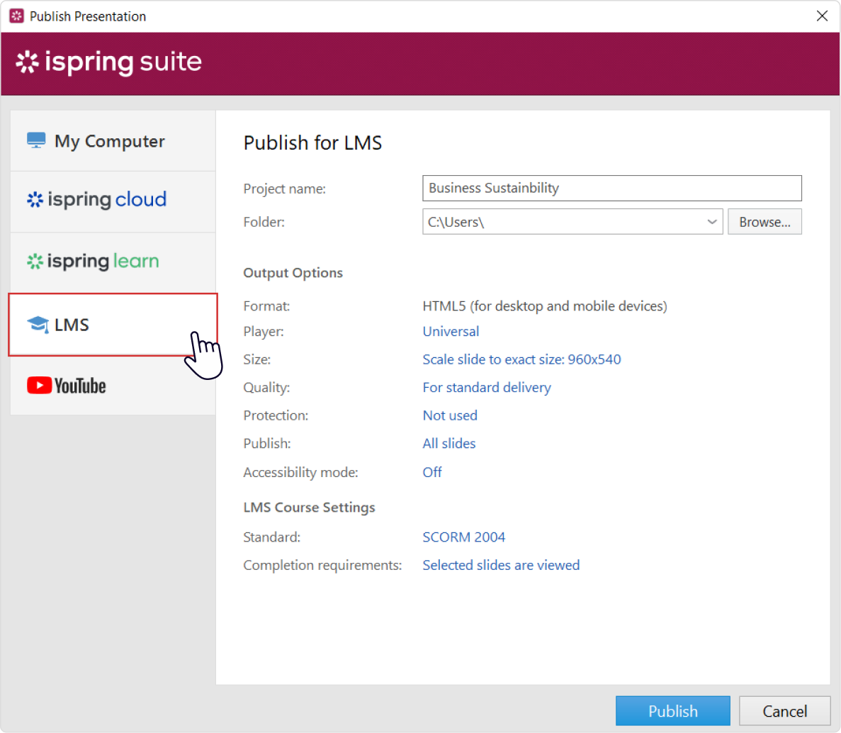Presentatie publiceren venster in iSpring Suite Presentatie publiceren venster in iSpring Suite
