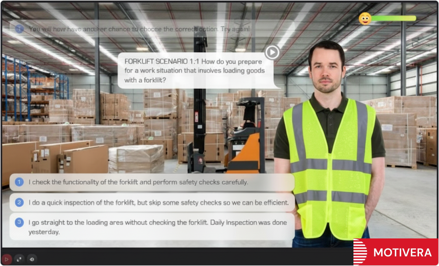 Een dialoogsimulatie in een veiligheidscursus van Motivera. 